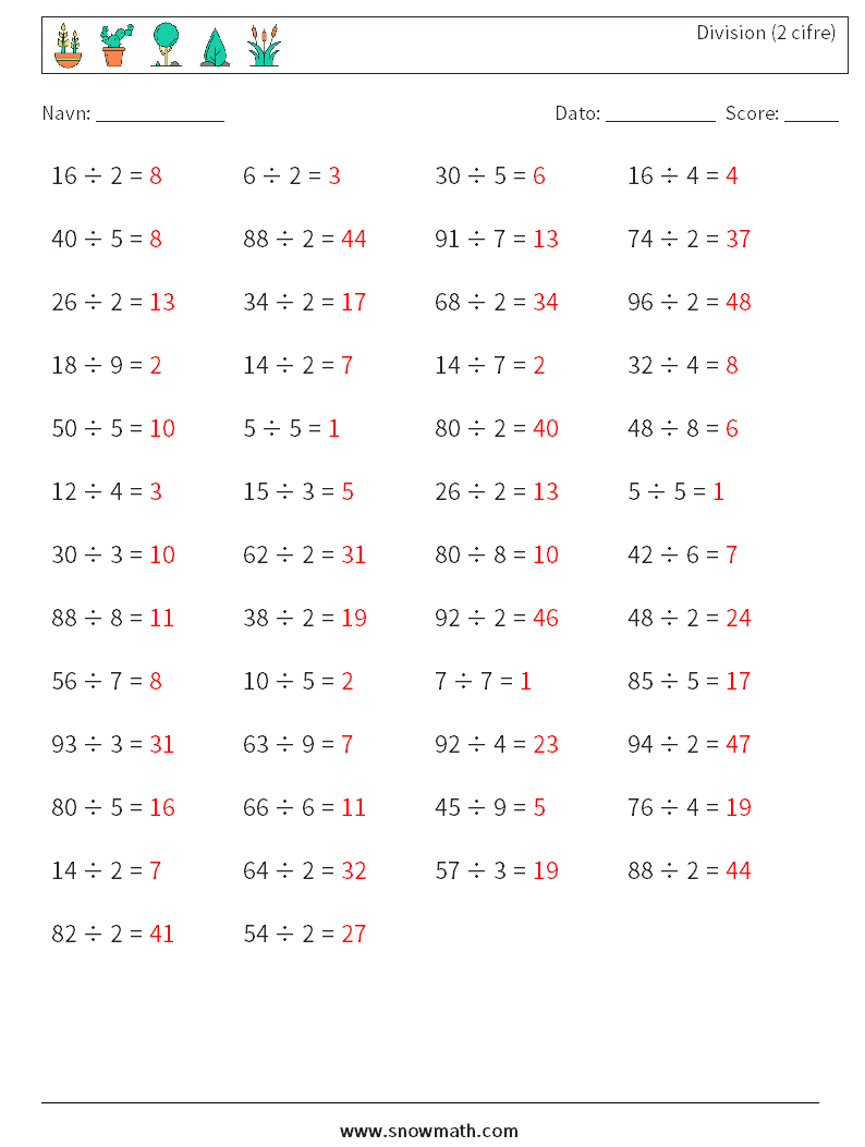 (50) Division (2 cifre) Matematiske regneark 1 Spørgsmål, svar
