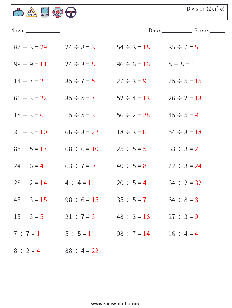 (50) Division (2 cifre) Matematiske regneark 2 Spørgsmål, svar