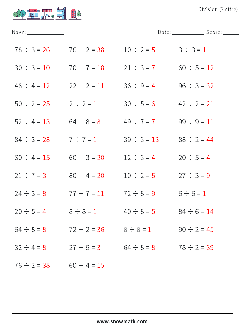 (50) Division (2 cifre) Matematiske regneark 3 Spørgsmål, svar