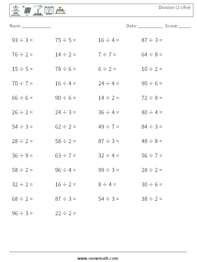(50) Division (2 cifre) Matematiske regneark 4
