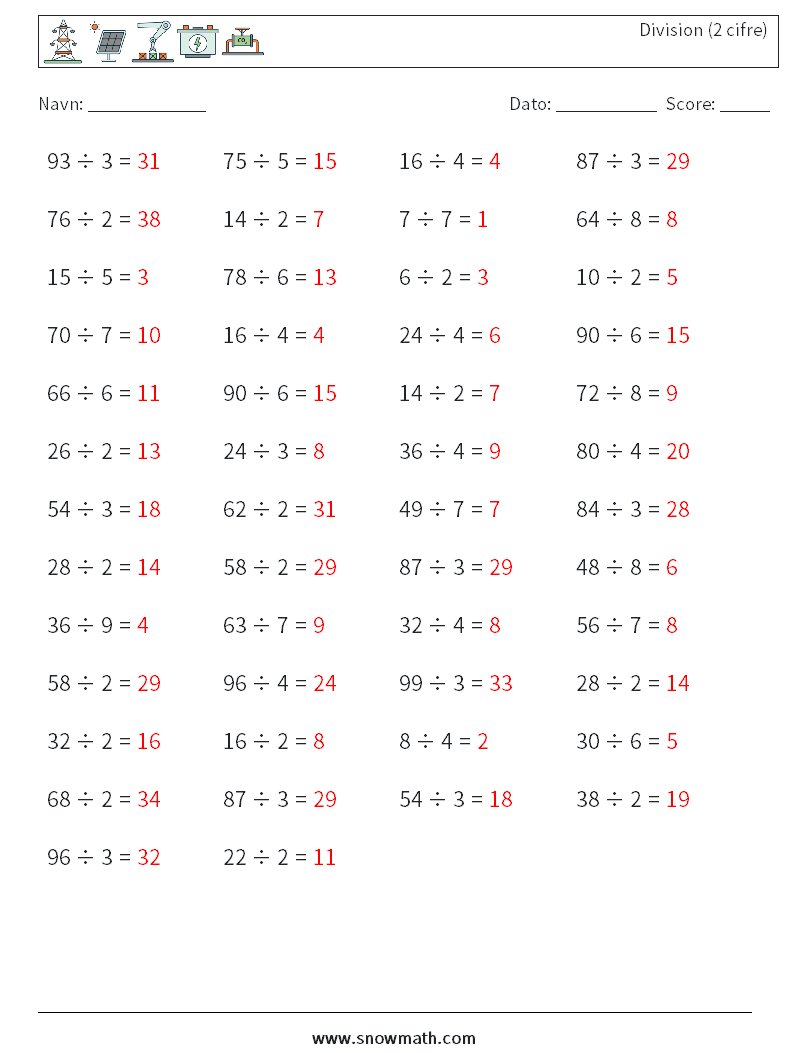(50) Division (2 cifre) Matematiske regneark 4 Spørgsmål, svar