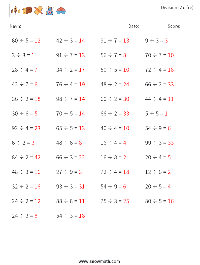 (50) Division (2 cifre) Matematiske regneark 5 Spørgsmål, svar
