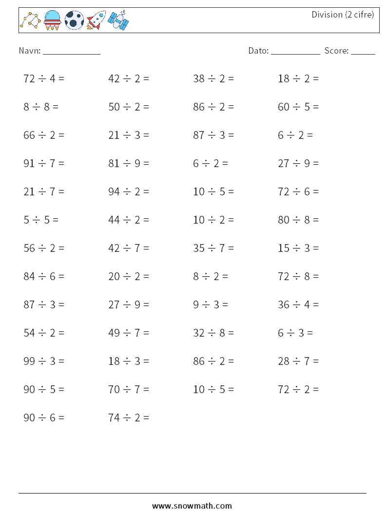 (50) Division (2 cifre) Matematiske regneark 6