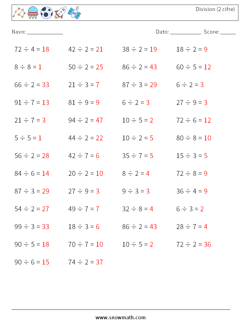 (50) Division (2 cifre) Matematiske regneark 6 Spørgsmål, svar