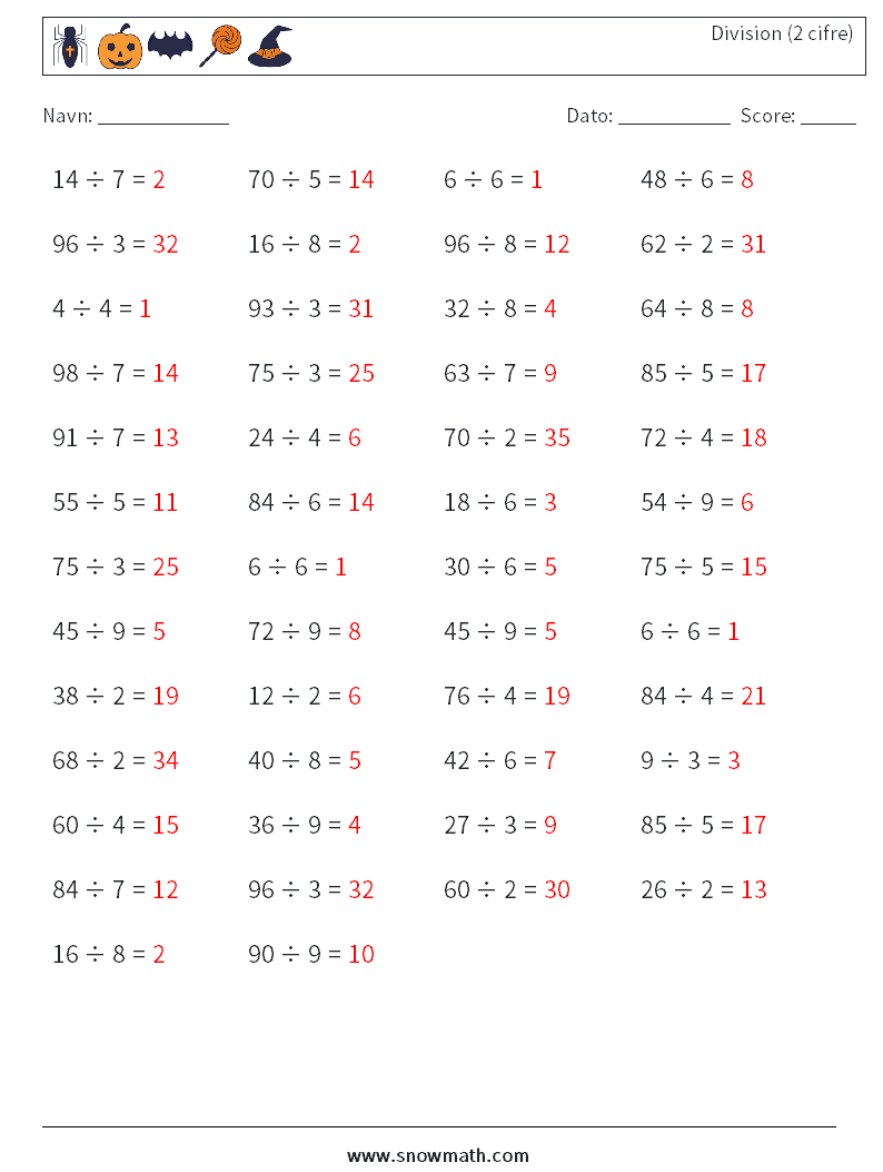 (50) Division (2 cifre) Matematiske regneark 7 Spørgsmål, svar