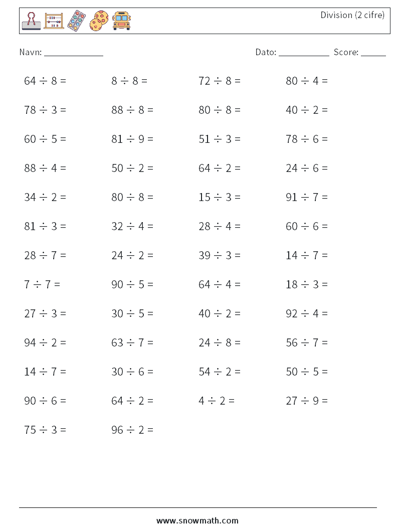 (50) Division (2 cifre) Matematiske regneark 8