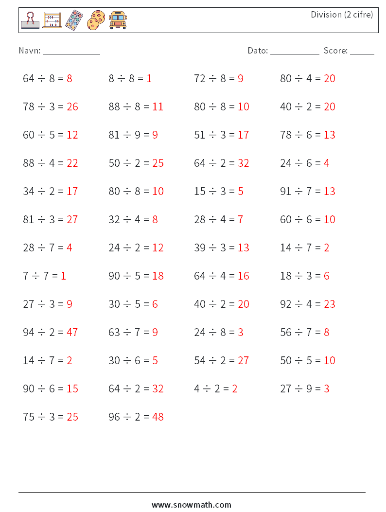 (50) Division (2 cifre) Matematiske regneark 8 Spørgsmål, svar