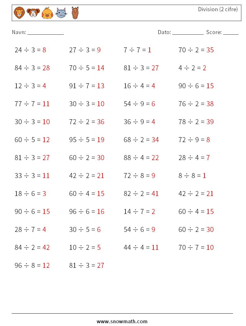 (50) Division (2 cifre) Matematiske regneark 9 Spørgsmål, svar