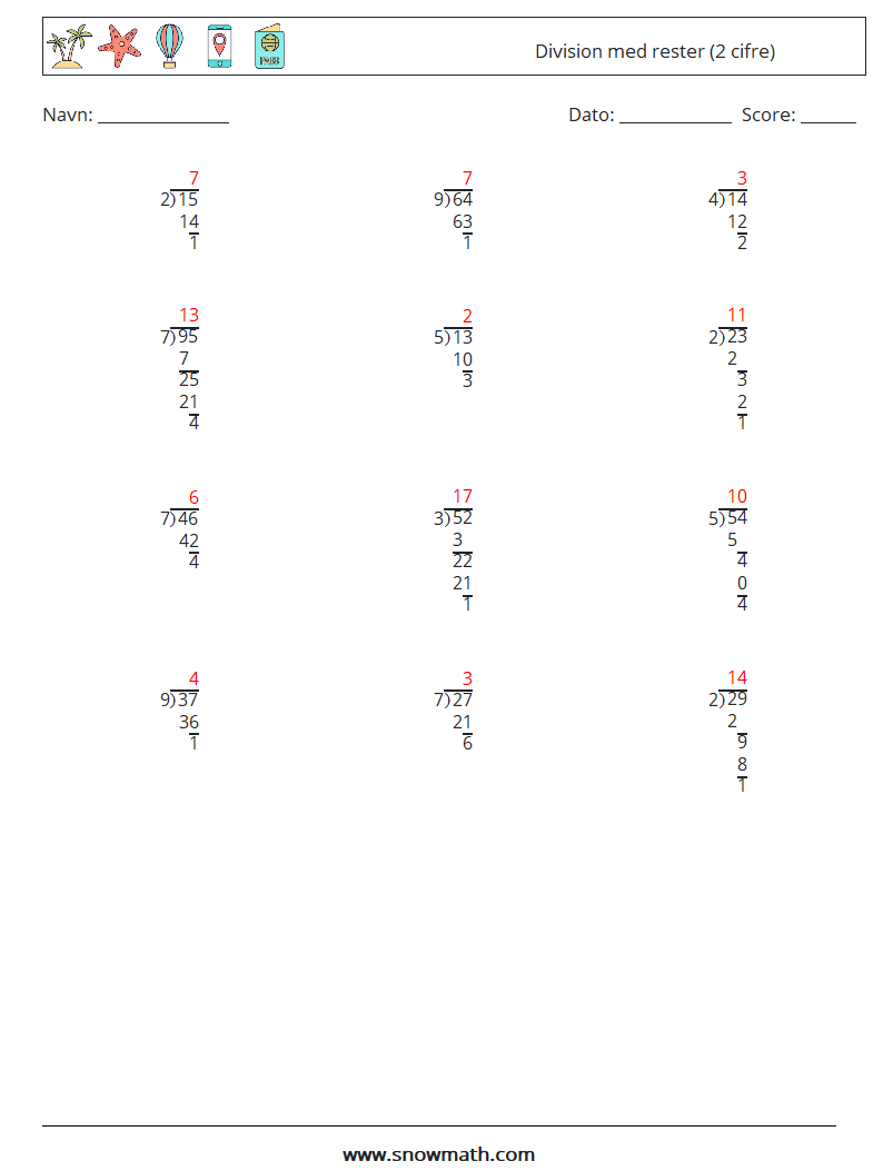 (12) Division med rester (2 cifre) Matematiske regneark 12 Spørgsmål, svar