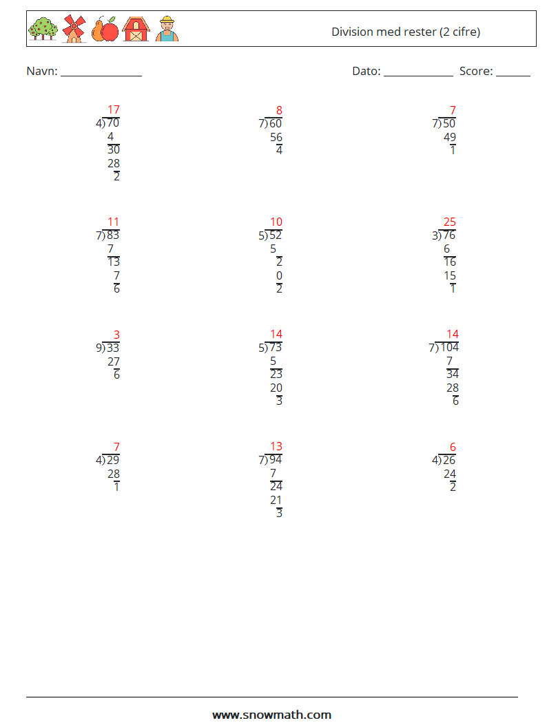 (12) Division med rester (2 cifre) Matematiske regneark 15 Spørgsmål, svar