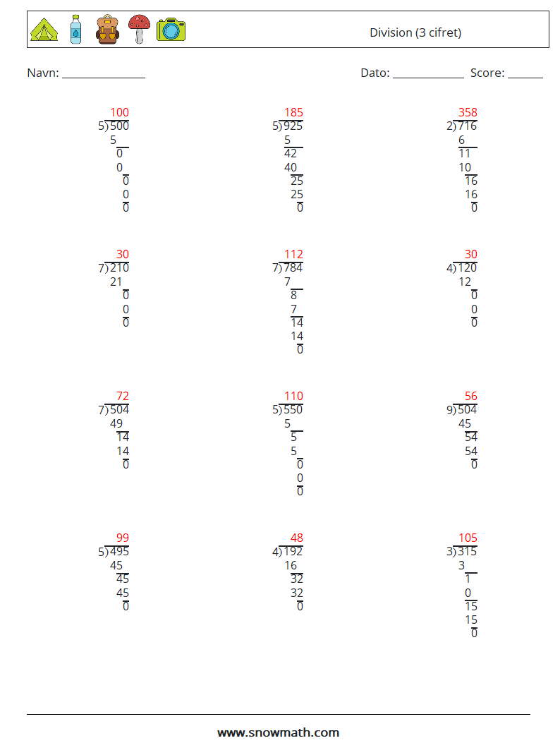 (12) Division (3 cifret) Matematiske regneark 10 Spørgsmål, svar