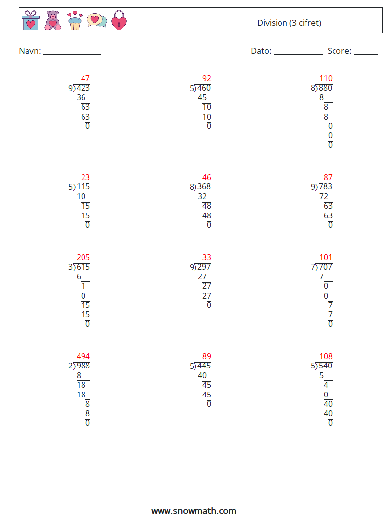 (12) Division (3 cifret) Matematiske regneark 12 Spørgsmål, svar