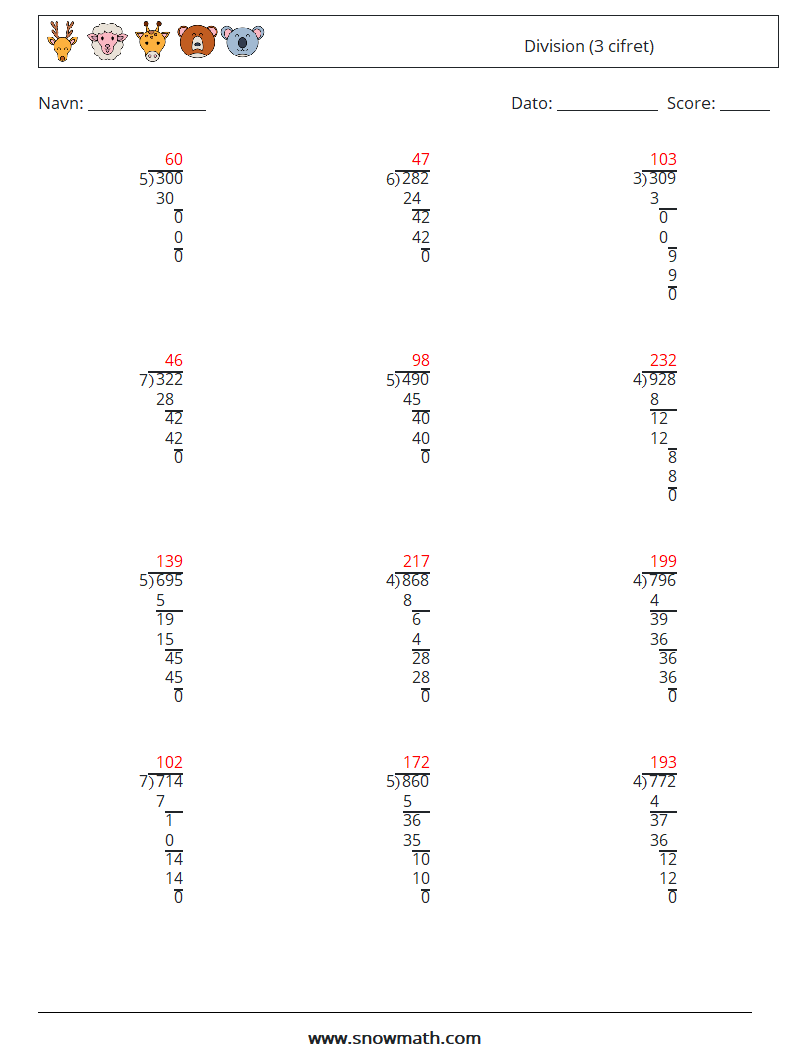 (12) Division (3 cifret) Matematiske regneark 14 Spørgsmål, svar