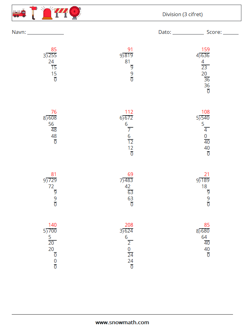(12) Division (3 cifret) Matematiske regneark 15 Spørgsmål, svar