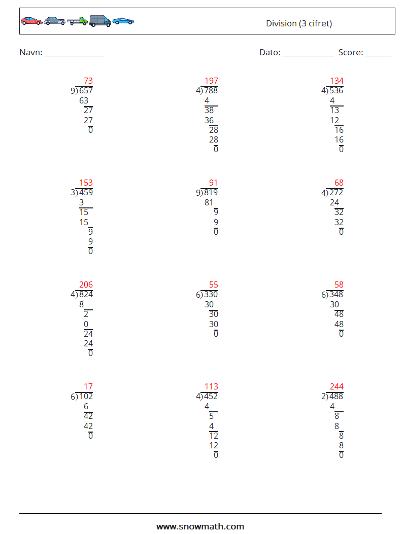 (12) Division (3 cifret) Matematiske regneark 16 Spørgsmål, svar