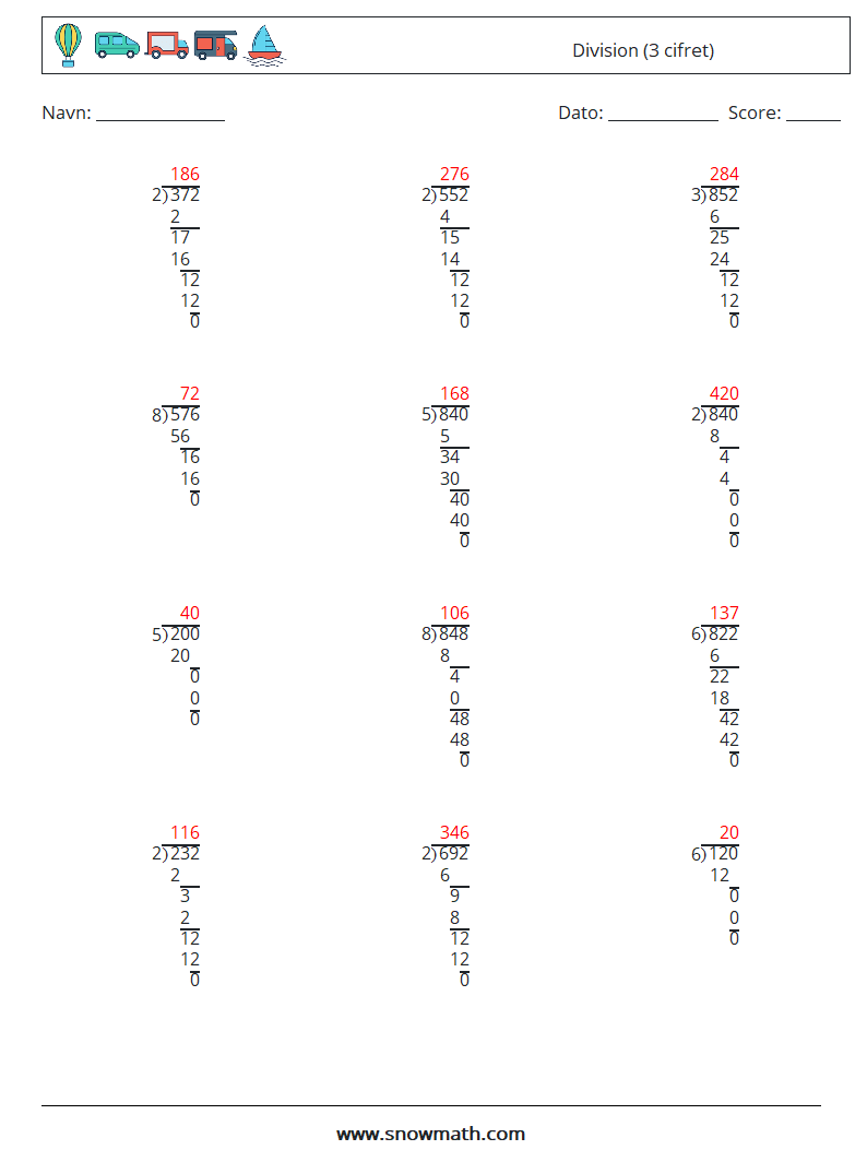 (12) Division (3 cifret) Matematiske regneark 17 Spørgsmål, svar