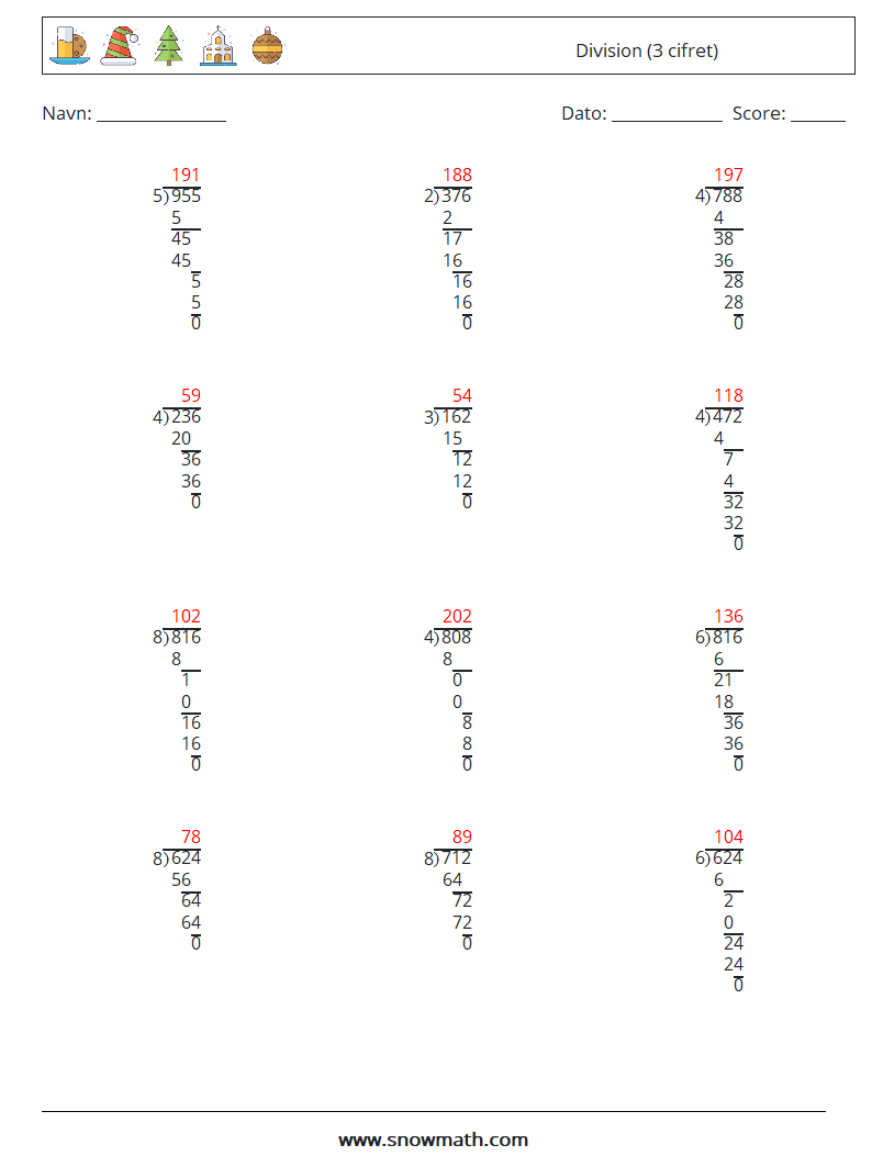 (12) Division (3 cifret) Matematiske regneark 18 Spørgsmål, svar