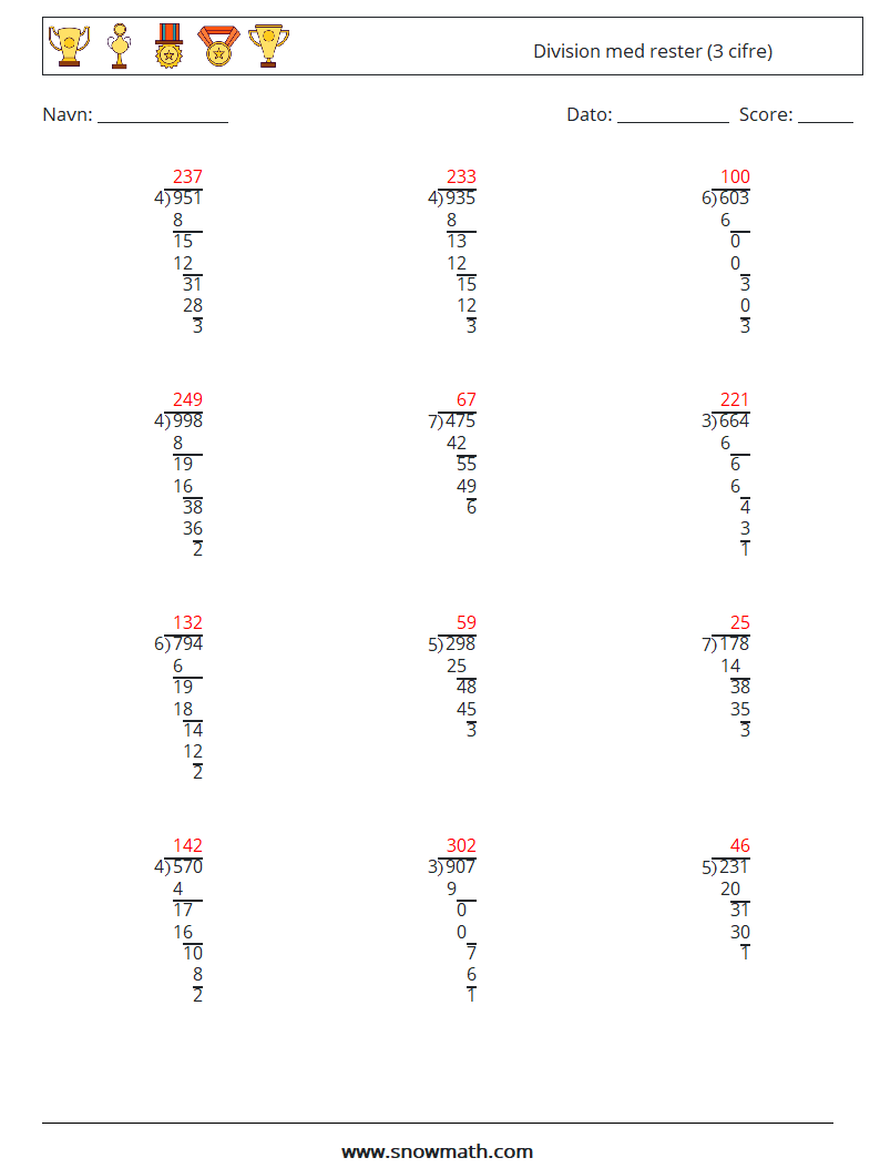 (12) Division med rester (3 cifre) Matematiske regneark 15 Spørgsmål, svar