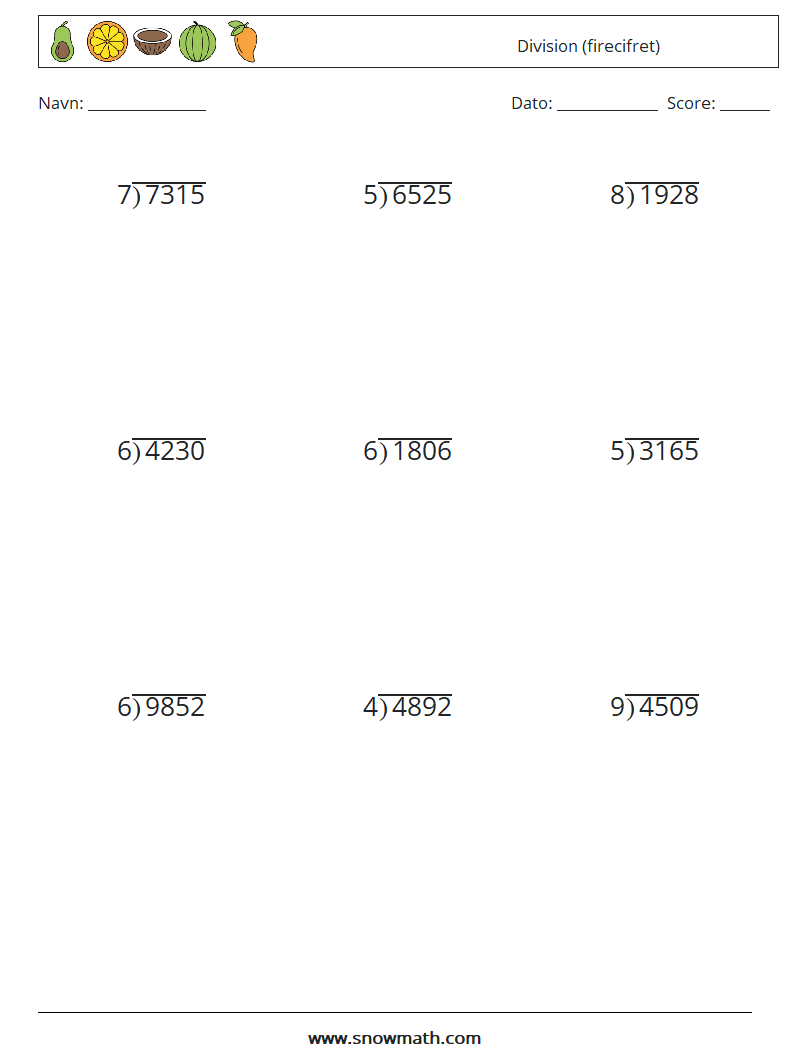 (9) Division (firecifret) Matematiske regneark 10