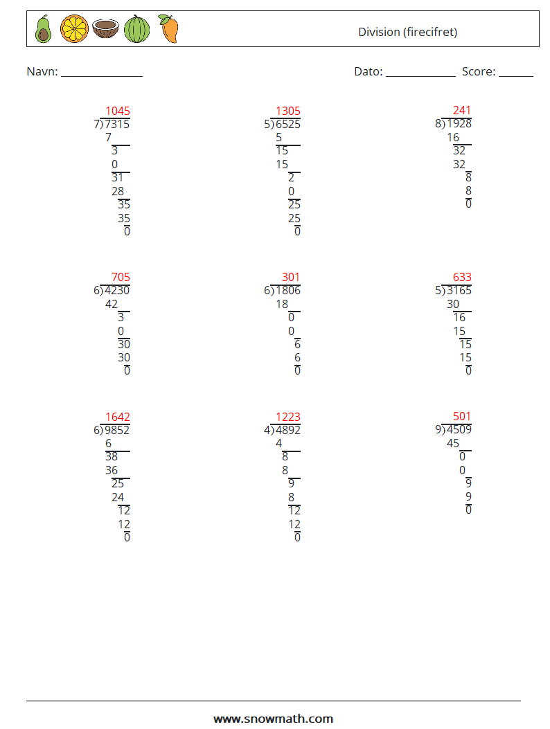 (9) Division (firecifret) Matematiske regneark 10 Spørgsmål, svar