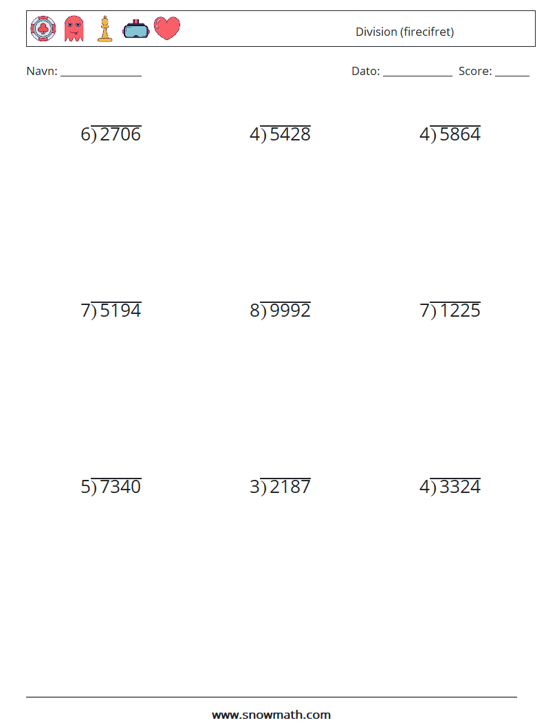 (9) Division (firecifret) Matematiske regneark 11