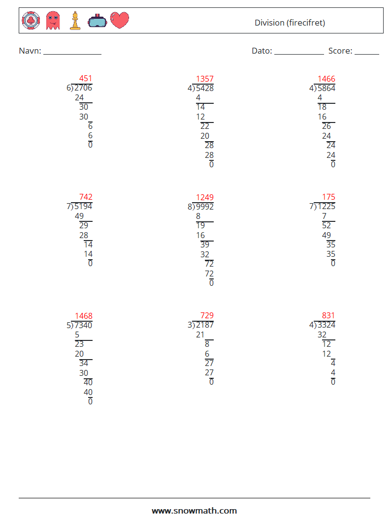 (9) Division (firecifret) Matematiske regneark 11 Spørgsmål, svar
