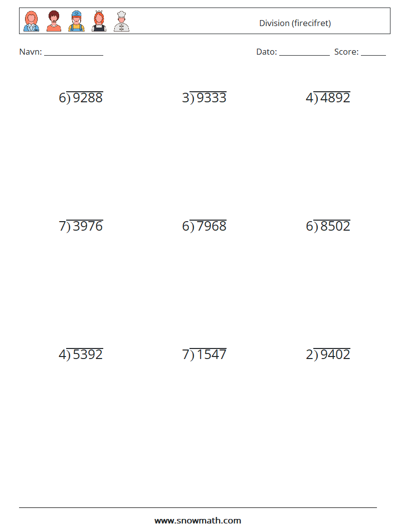 (9) Division (firecifret) Matematiske regneark 12