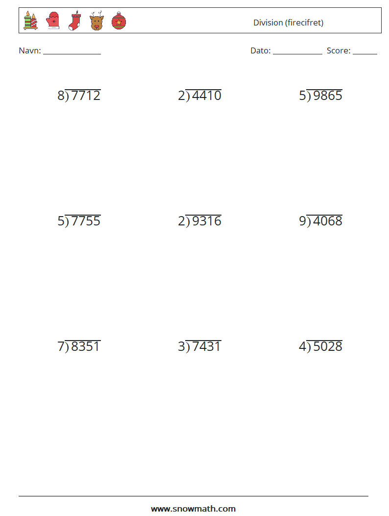(9) Division (firecifret) Matematiske regneark 13