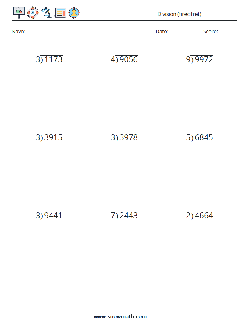 (9) Division (firecifret) Matematiske regneark 14