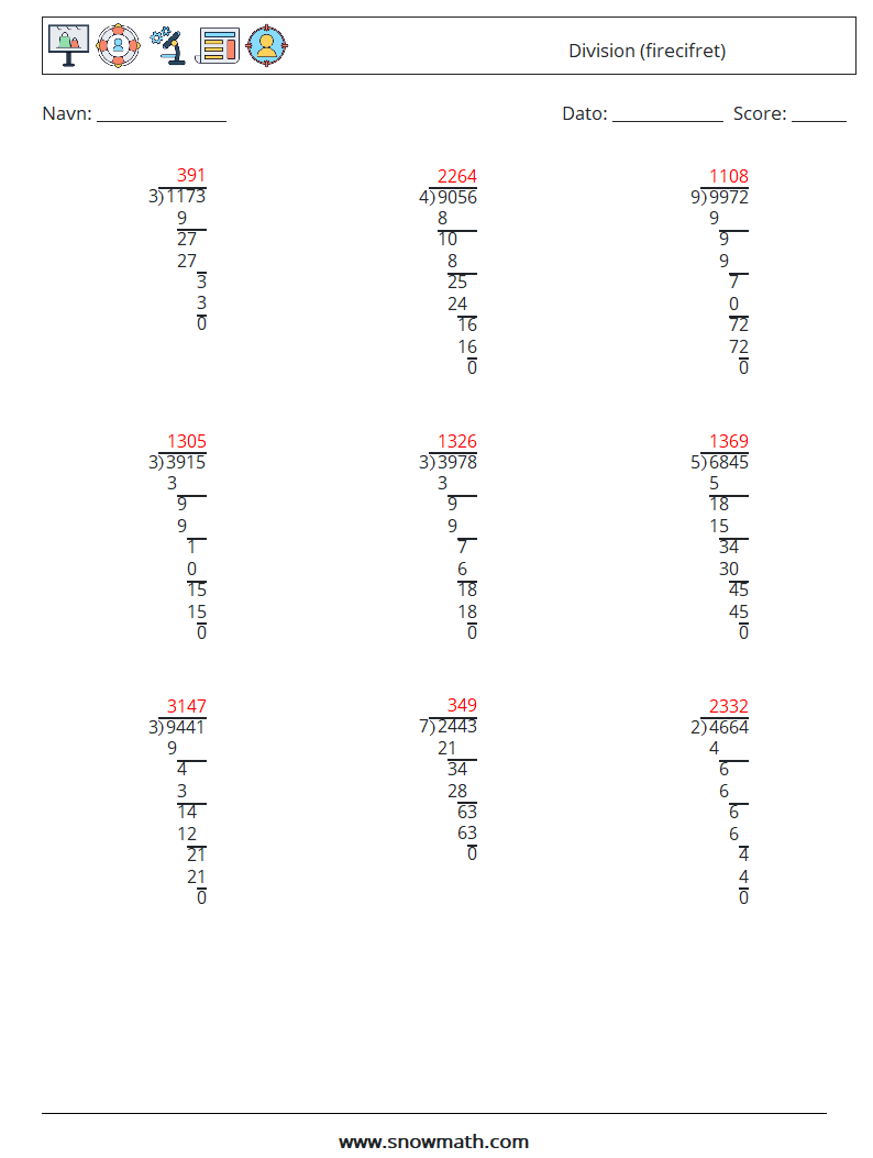 (9) Division (firecifret) Matematiske regneark 14 Spørgsmål, svar