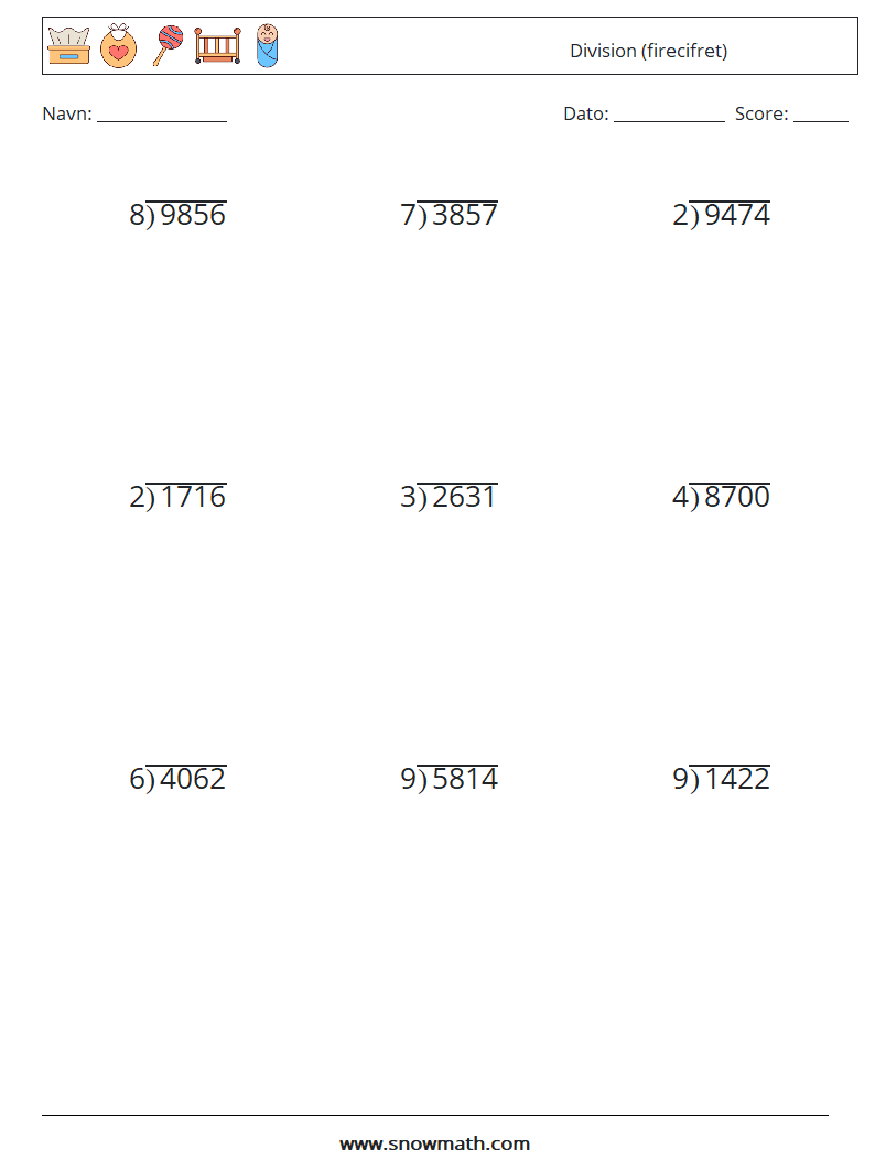 (9) Division (firecifret) Matematiske regneark 15
