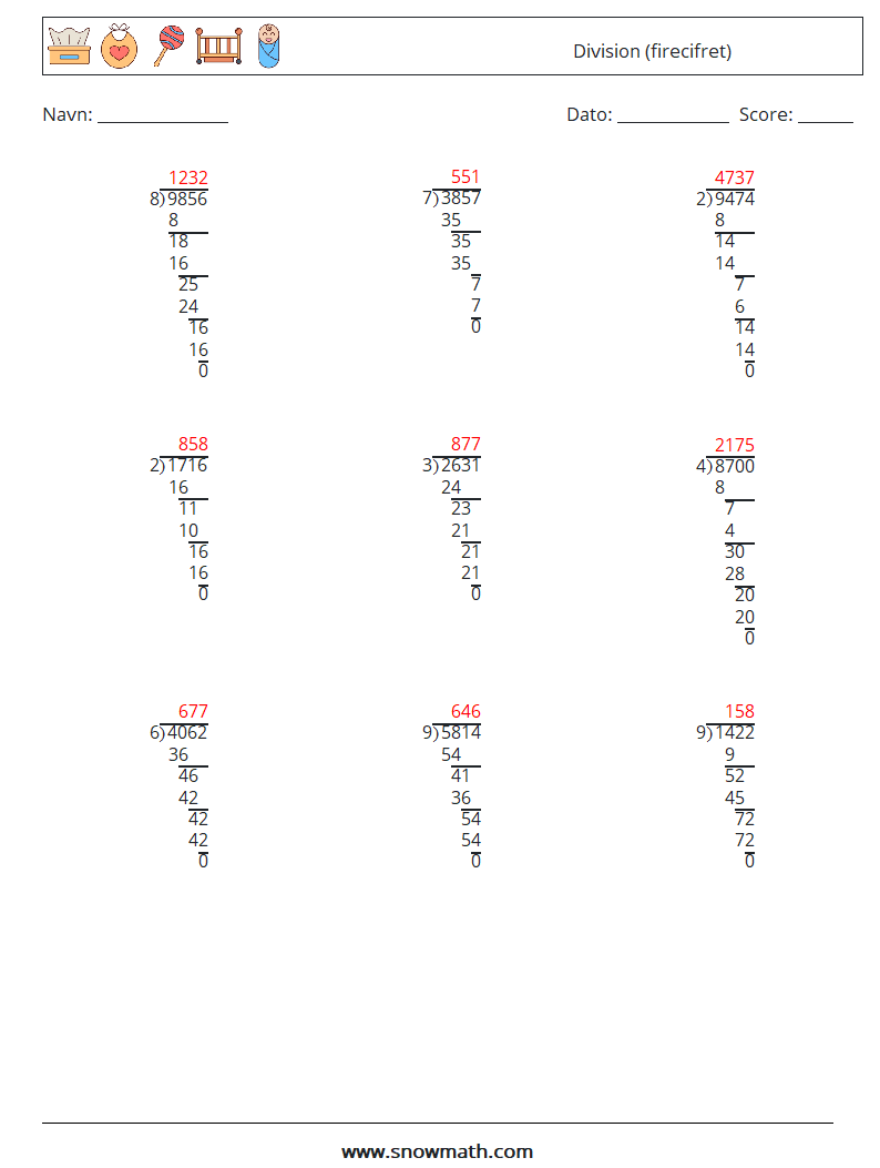 (9) Division (firecifret) Matematiske regneark 15 Spørgsmål, svar