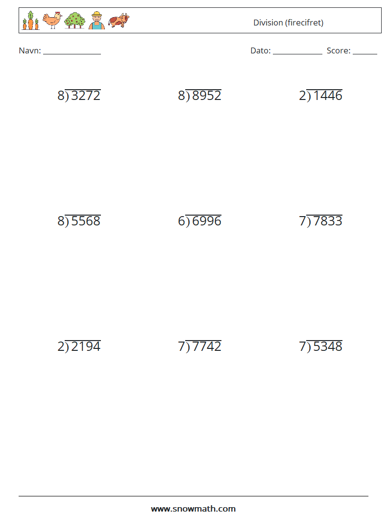 (9) Division (firecifret) Matematiske regneark 16