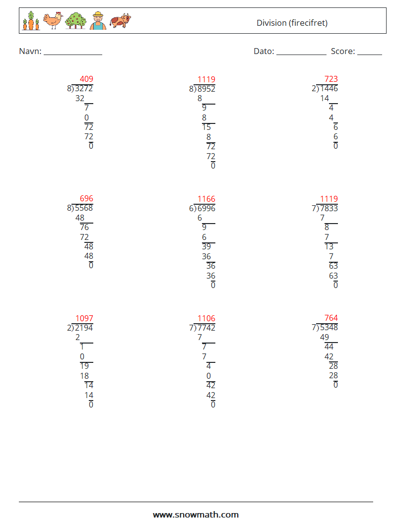 (9) Division (firecifret) Matematiske regneark 16 Spørgsmål, svar