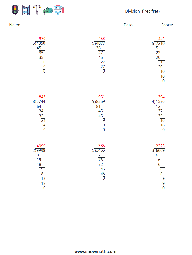 (9) Division (firecifret) Matematiske regneark 17 Spørgsmål, svar