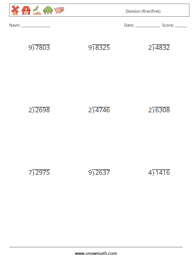 (9) Division (firecifret) Matematiske regneark 18