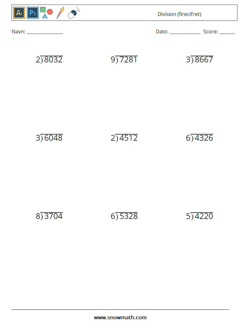(9) Division (firecifret) Matematiske regneark 2
