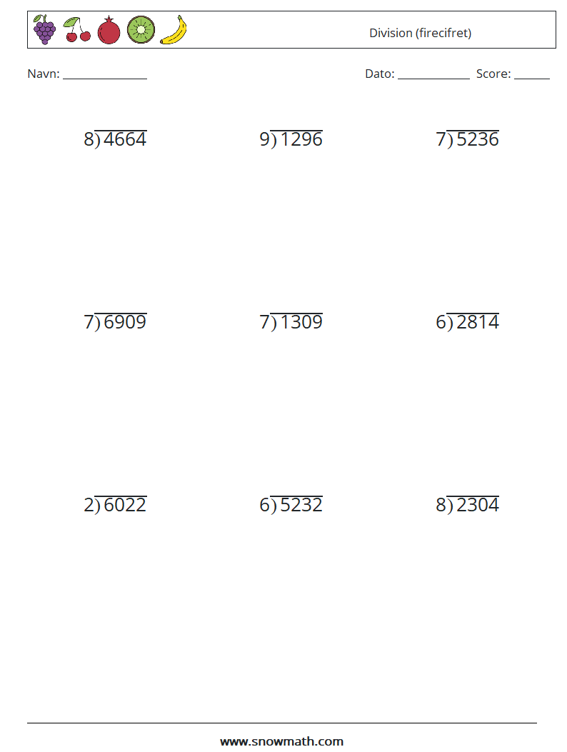 (9) Division (firecifret) Matematiske regneark 3