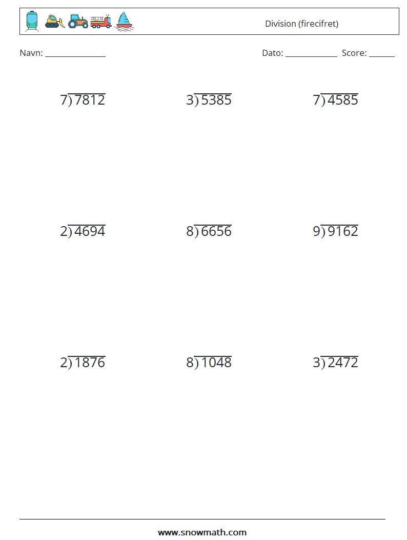 (9) Division (firecifret) Matematiske regneark 4