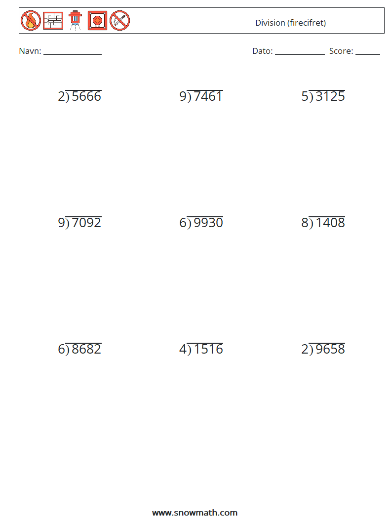 (9) Division (firecifret) Matematiske regneark 5