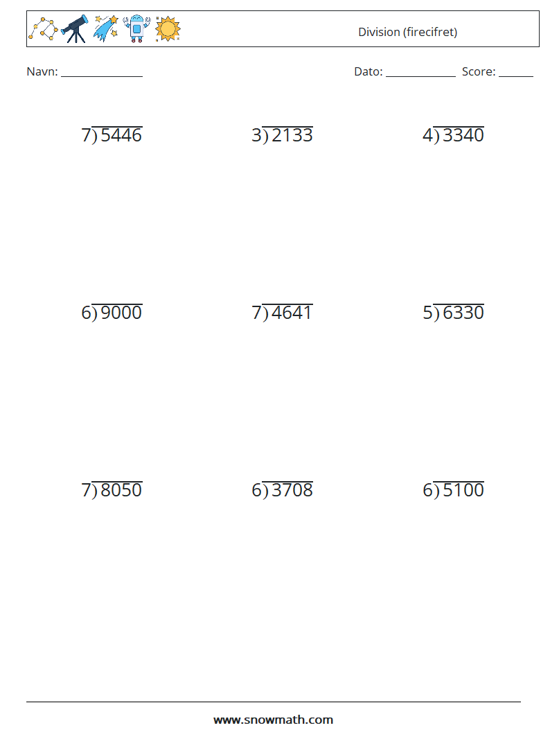 (9) Division (firecifret) Matematiske regneark 7