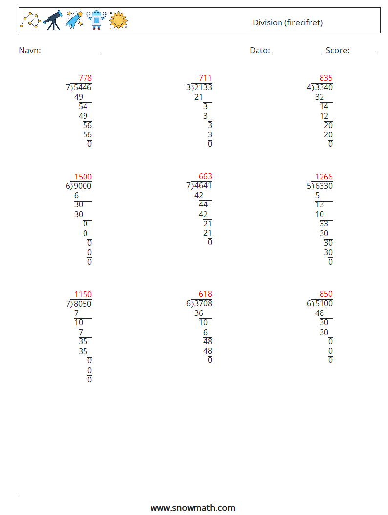 (9) Division (firecifret) Matematiske regneark 7 Spørgsmål, svar