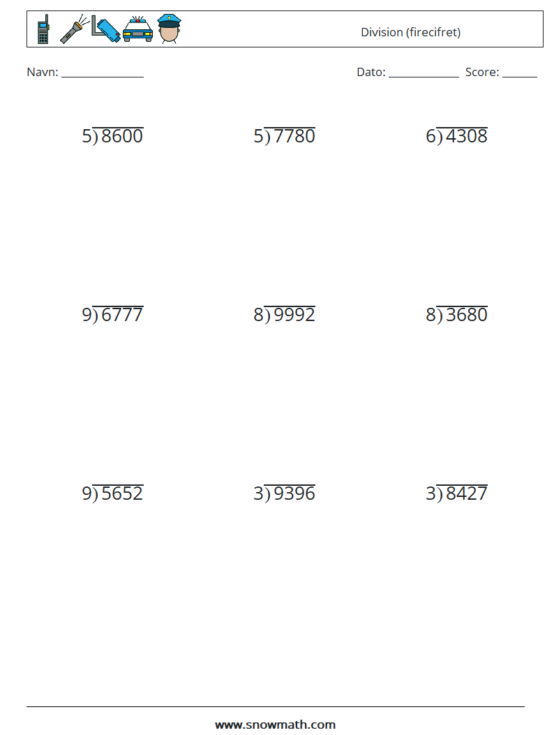 (9) Division (firecifret) Matematiske regneark 8
