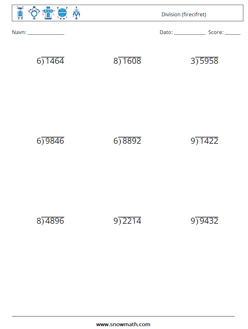(9) Division (firecifret) Matematiske regneark 9