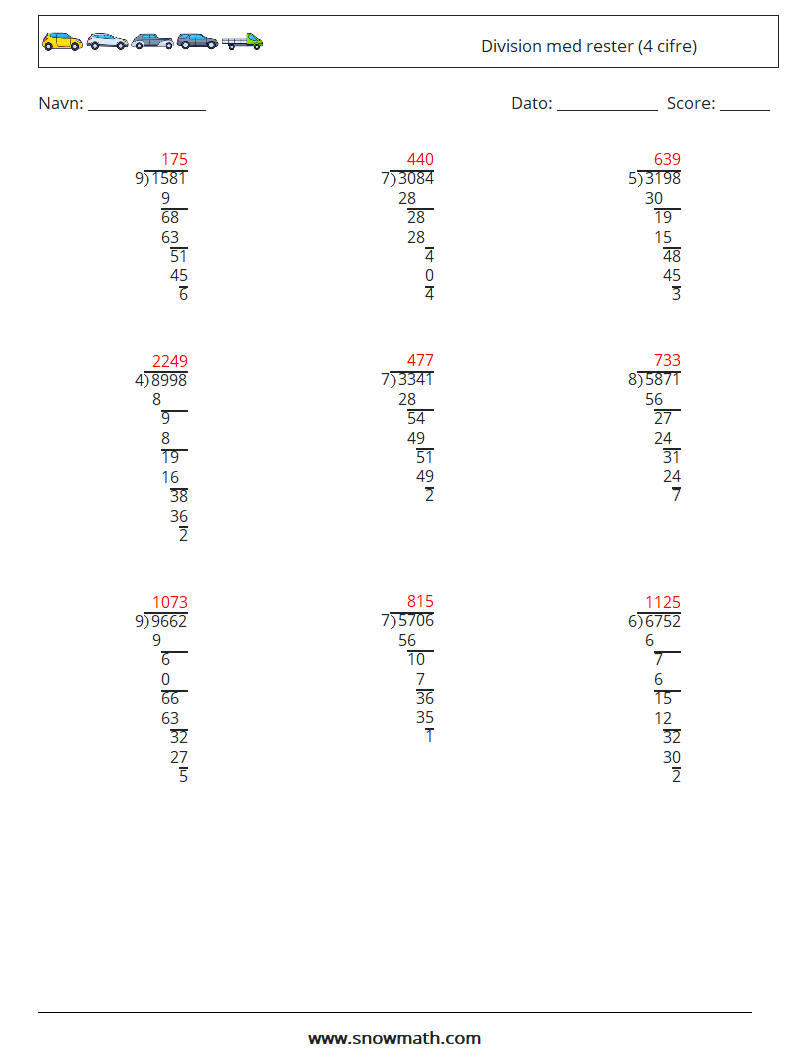(9) Division med rester (4 cifre) Matematiske regneark 10 Spørgsmål, svar
