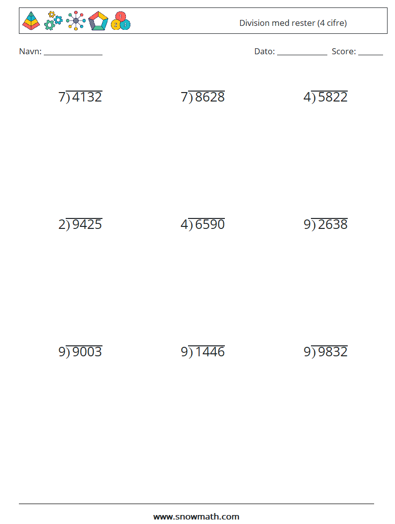 (9) Division med rester (4 cifre) Matematiske regneark 11