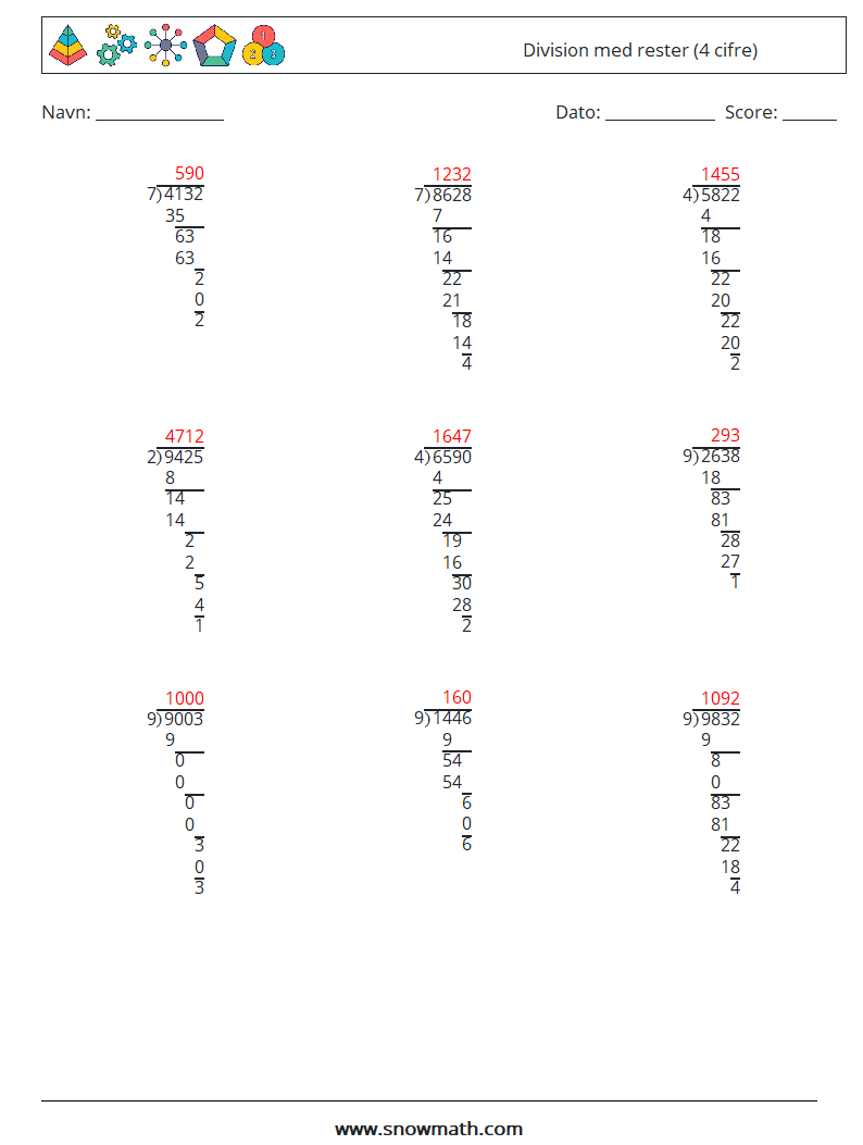 (9) Division med rester (4 cifre) Matematiske regneark 11 Spørgsmål, svar