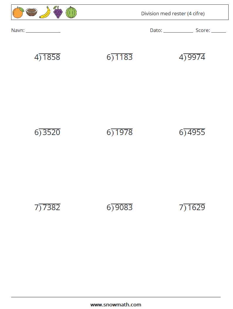(9) Division med rester (4 cifre) Matematiske regneark 12