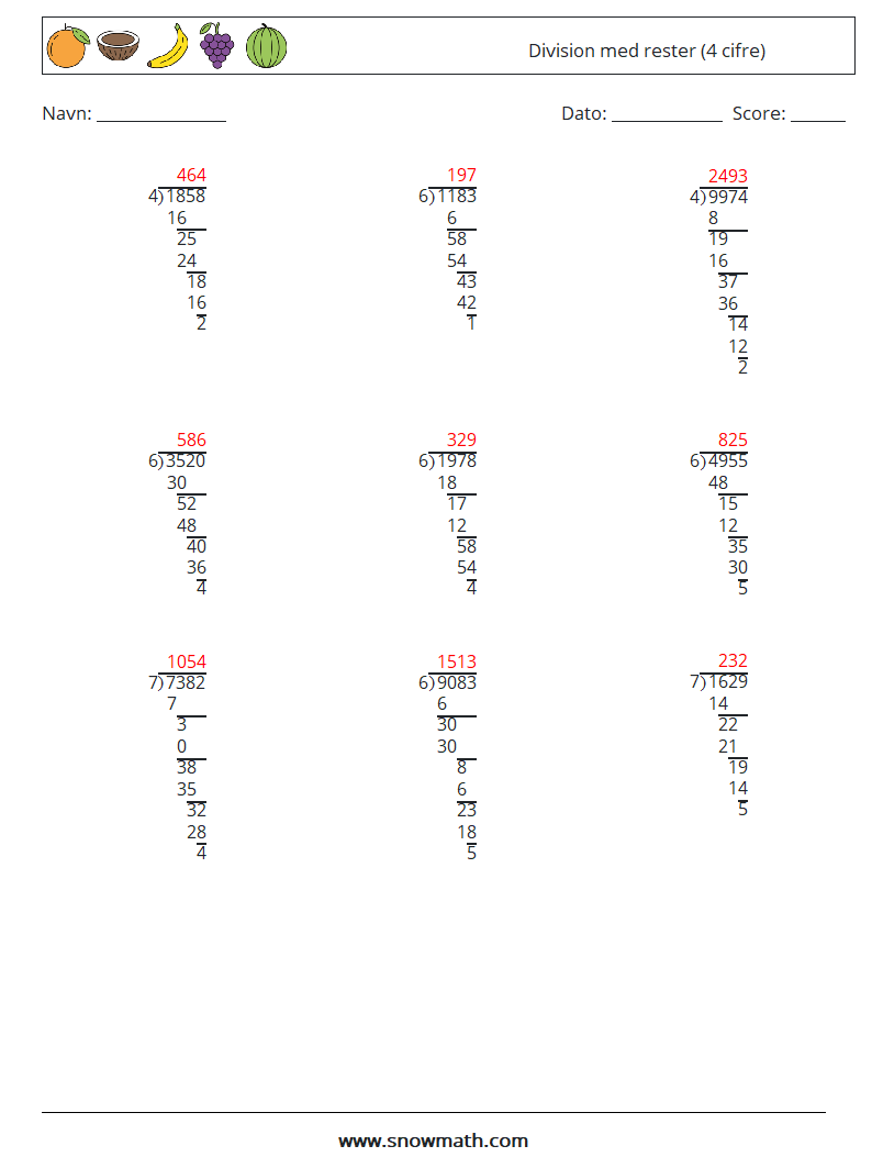 (9) Division med rester (4 cifre) Matematiske regneark 12 Spørgsmål, svar