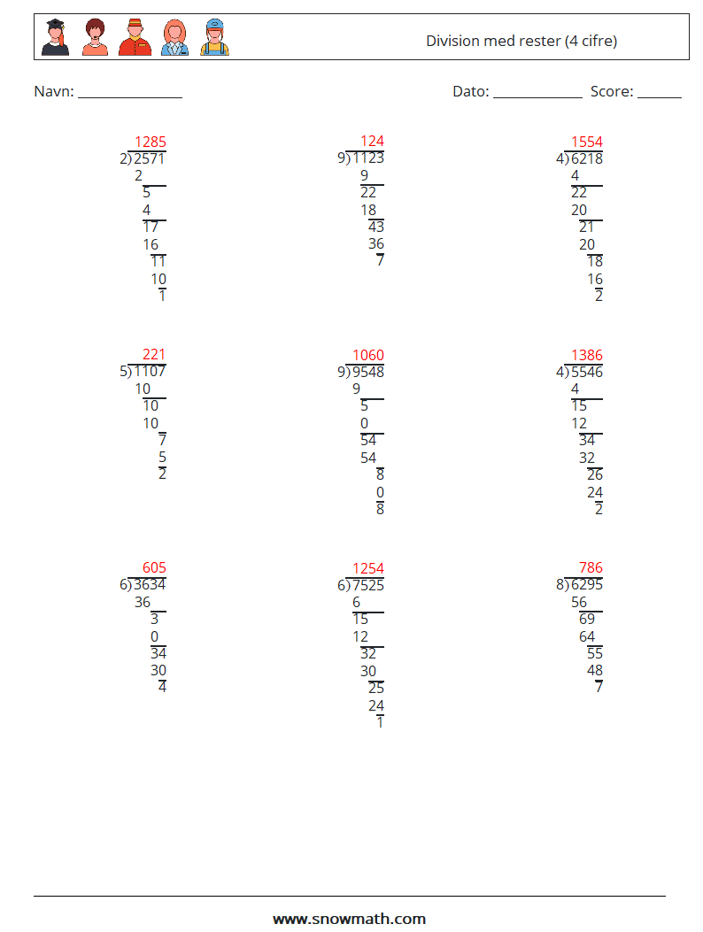 (9) Division med rester (4 cifre) Matematiske regneark 13 Spørgsmål, svar
